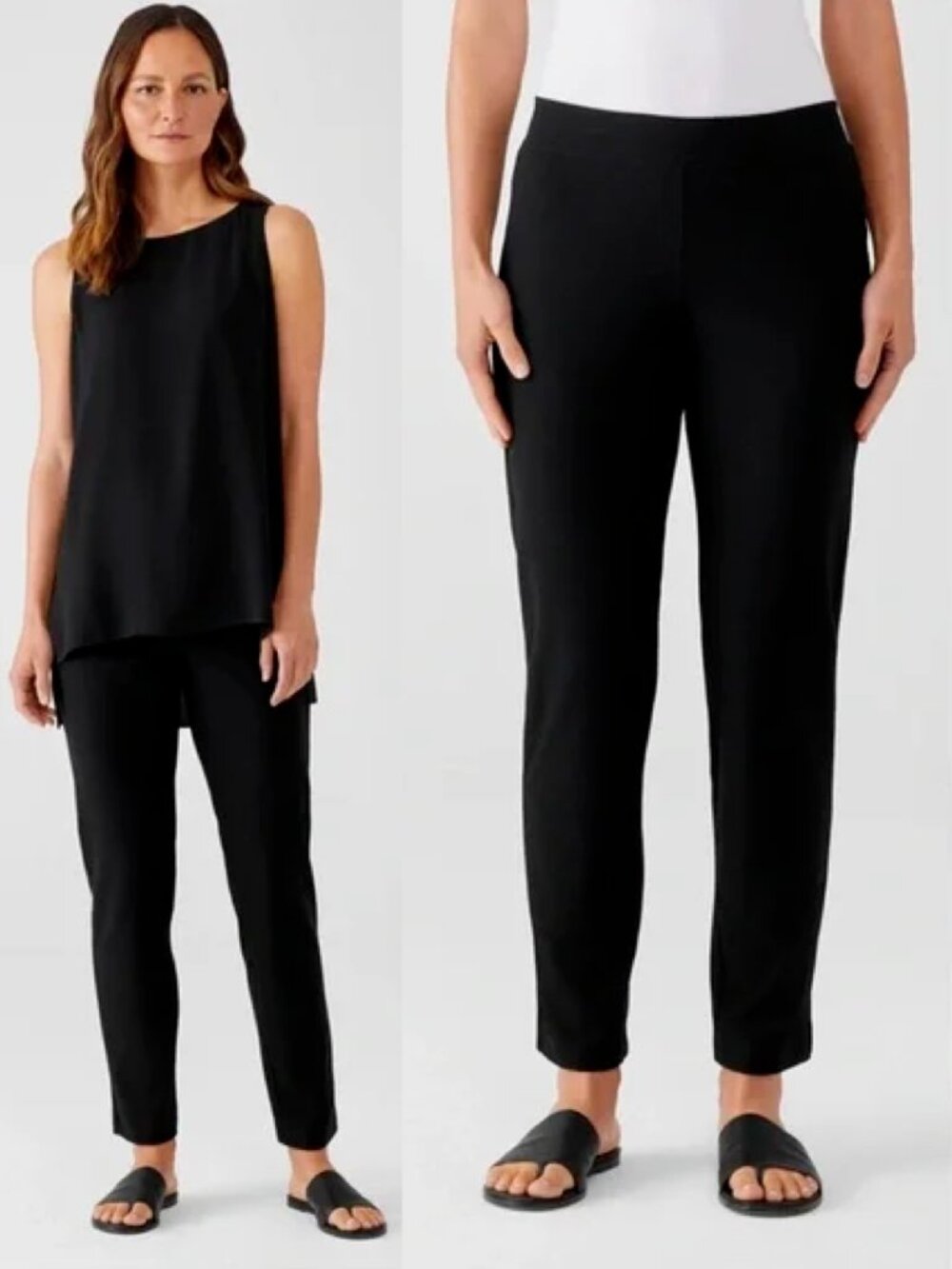 Eileen Fisher Washable Stretch Crepe Pant with Slits Cropped Black Ankle Pants L